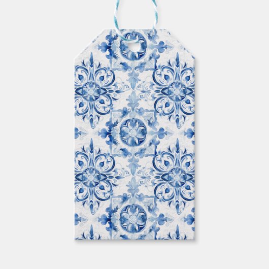 Blauw en wit Italiaans patroon van de tegel van de Cadeaulabel (Voorkant)