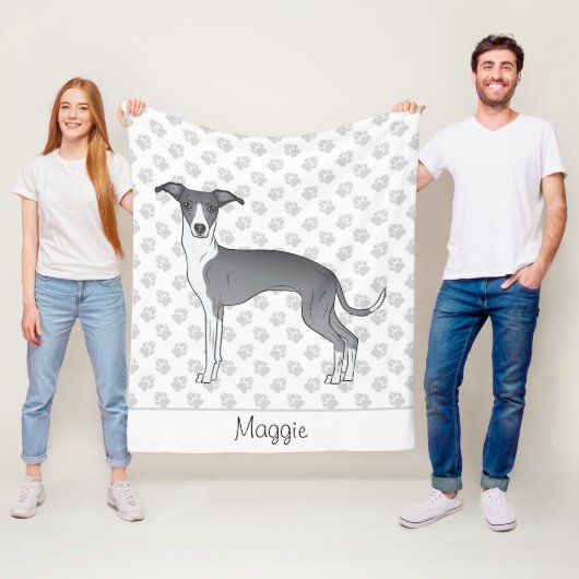 Blauw en wit Italiaans windhond met eigen naam Fleece Deken (In situ)