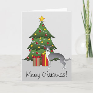 Blauw en wit Italiaans windhondje & Kerstboom Kaart