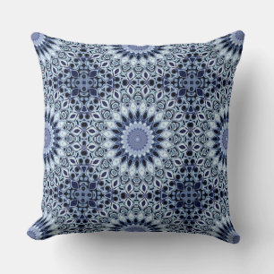 Blauw en Wit Kaleidoscoop Mandala Patroon Kussen