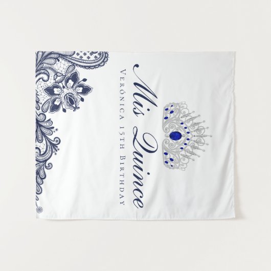 Blauw en wit kant Quinceanera achtergrond Wandkleed (Voorkant (horizontaal))