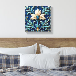 Blauw en wit keramiek bloemmotief canvas afdruk