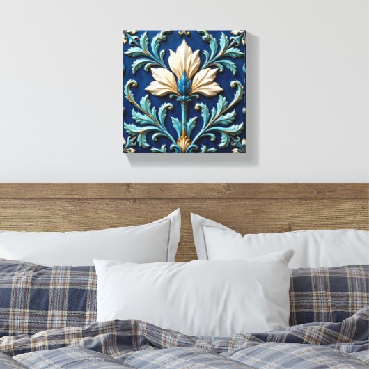 Blauw en wit keramiek bloemmotief canvas afdruk (Insitu (Slaapkamer))