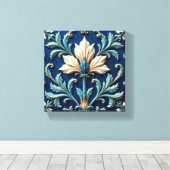 Blauw en wit keramiek bloemmotief canvas afdruk (Insitu (Houten vloer))