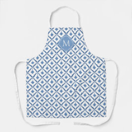 Blauw en wit keramisch patroon met monogram schort