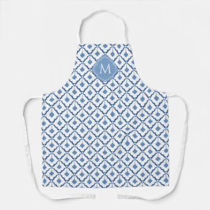 Blauw en wit keramisch patroon met monogram schort