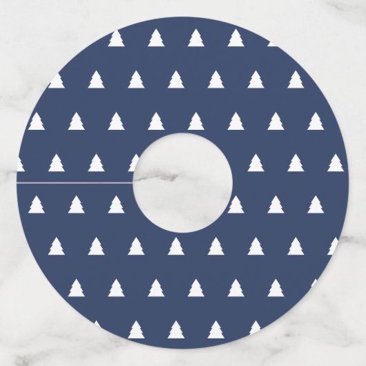 blauw en wit kerstboompatroon wijnglaslabel (Voorkant)