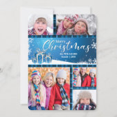 Blauw en wit kerstfeest 5-foto feestdagenkaart (Voorkant)