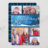 Blauw en wit kerstfeest 5-foto feestdagenkaart (Voorkant / Achterkant)