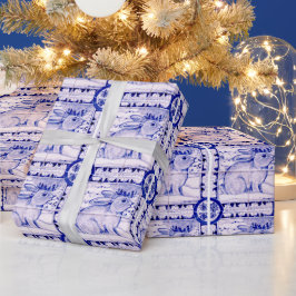 Blauw en wit kerstkonijnenpakpapier cadeaupapier