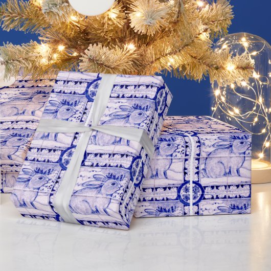 Blauw en wit kerstkonijnenpakpapier cadeaupapier (Feestdagen)