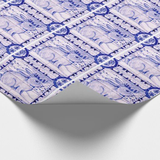 Blauw en wit kerstkonijnenpakpapier cadeaupapier (Hoek)