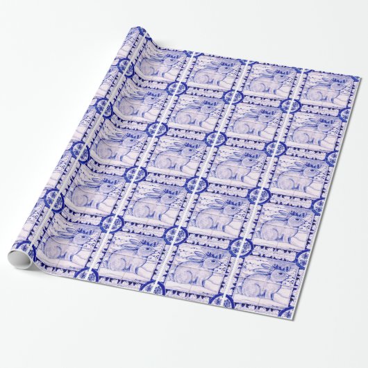 Blauw en wit kerstkonijnenpakpapier cadeaupapier (Uitgerold)