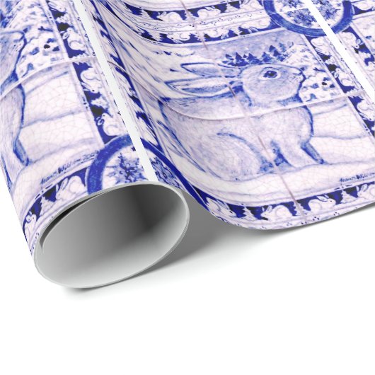 Blauw en wit kerstkonijnenpakpapier cadeaupapier (Rol Hoek)