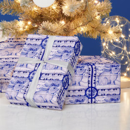 Blauw en wit kerstkonijnenpakpapier cadeaupapier