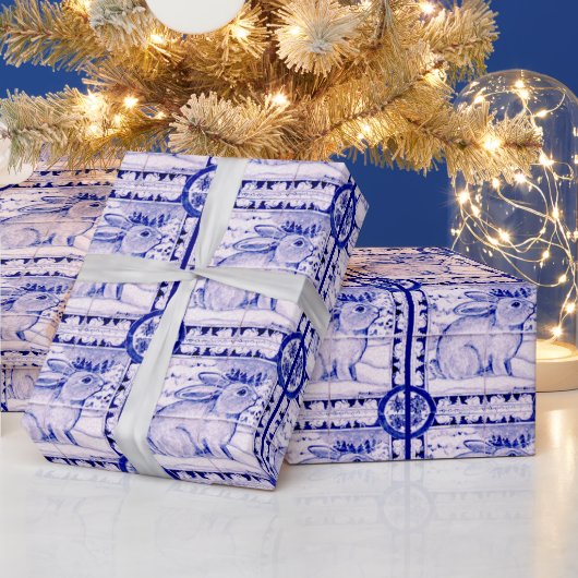 Blauw en wit kerstkonijnenpakpapier cadeaupapier (Feestdagen)