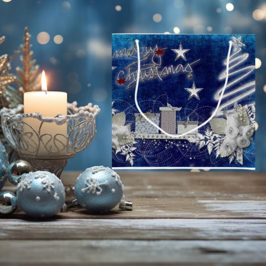 Blauw en Wit Kerstmis met Rozen Cadeautas