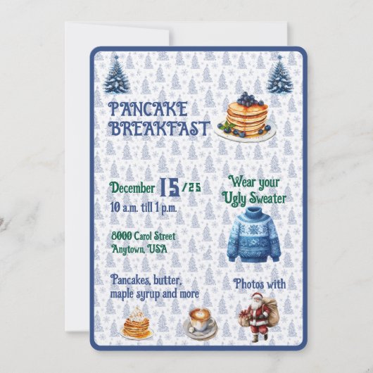 Blauw en wit Kerstpannenkoekenontbijt  Kaart (Voorkant)