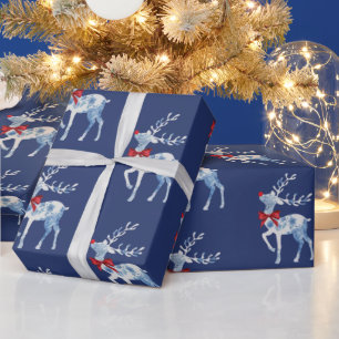 Blauw en wit kerstpapier met rudolf cadeaupapier