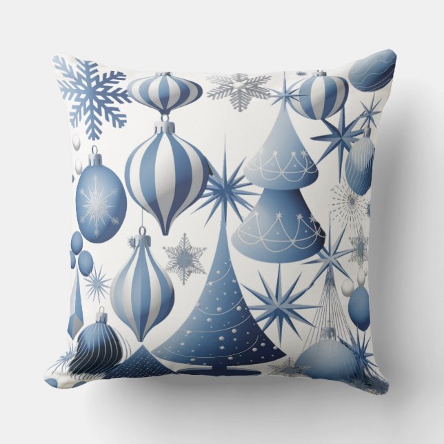 Blauw en wit kerstpatroon kussen (Voorkant)