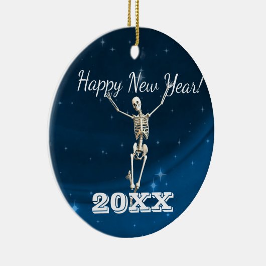 Blauw en wit kerstskelet "Kerstmis 20xx"-Ceram Keramisch Ornament (Rechts)