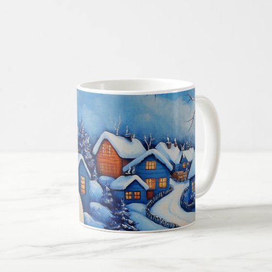 Blauw en wit kerstsneeuwman dorp landschap koffiemok (Voorkant rechts)