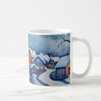 Blauw en wit kerstsneeuwman dorp landschap koffiemok