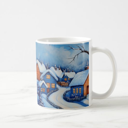 Blauw en wit kerstsneeuwman dorp landschap koffiemok (Rechts)