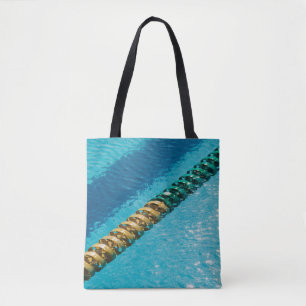 Blauw en wit ketting op blauw lichaam van wat tote bag