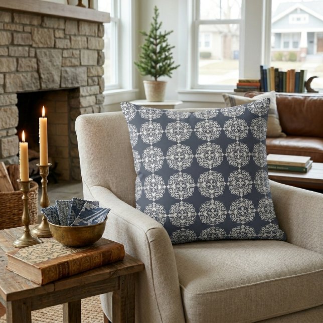Blauw en wit klassiek damastprint kussen (Blue and White Classic Damask Print Throw Pillow)