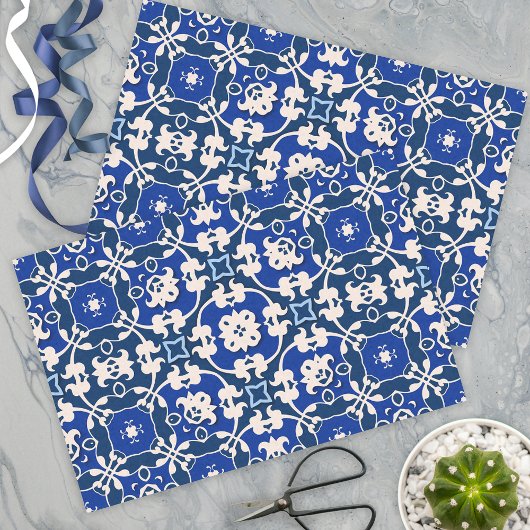 Blauw en wit Klassiek Elegant Damask Patroon Tissuepapier