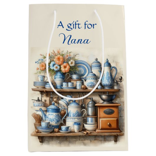 Blauw en Wit Koffieset Gift Bag Medium Cadeauzakje (Voorkant)