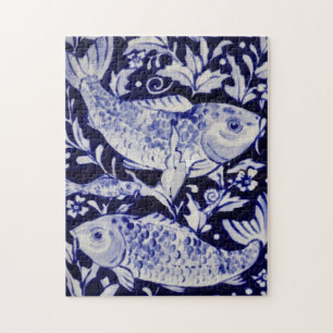 Blauw en wit koi Vis moeilijk Jigzaag Puzzle Legpuzzel