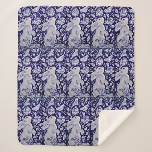 Blauw en wit konijn Bunny Bird Chinoiserie Sherpa Deken (Voorkant)