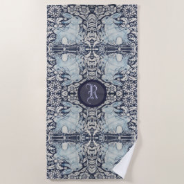 Blauw en wit konijn Bunny Floral Paasmonogram Strandlaken