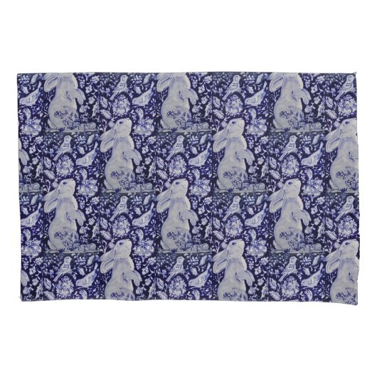 Blauw en wit konijn Bunny Flowers Bird Navy Cobalt Kussensloop (Voorkant)