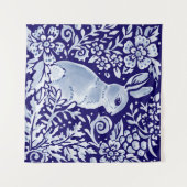 Blauw en wit konijn Floral Woodland Delft Dedham Wandkleed (Voorkant (horizontaal))
