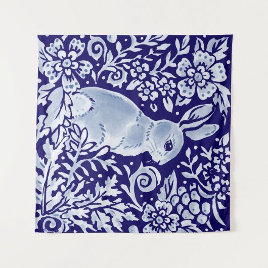 Blauw en wit konijn Floral Woodland Delft Dedham Wandkleed (Voorkant (horizontaal))