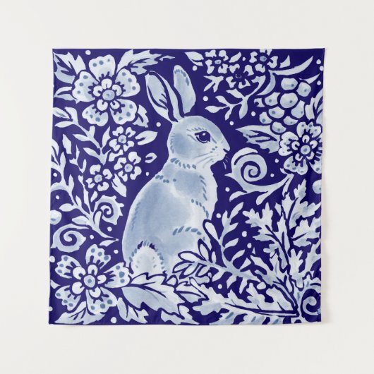 Blauw en wit konijn Floral Woodland Delft Dedham Wandkleed (Voorkant)