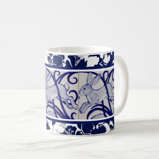 Blauw en wit konijn Hare Bunny Art Deco Tropical Koffiemok (Voorkant rechts)