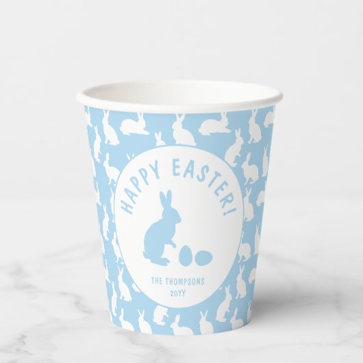 Blauw En Wit Konijn Konijn Patroon Gelukkig Pasen Papieren Bekers (Voorkant)