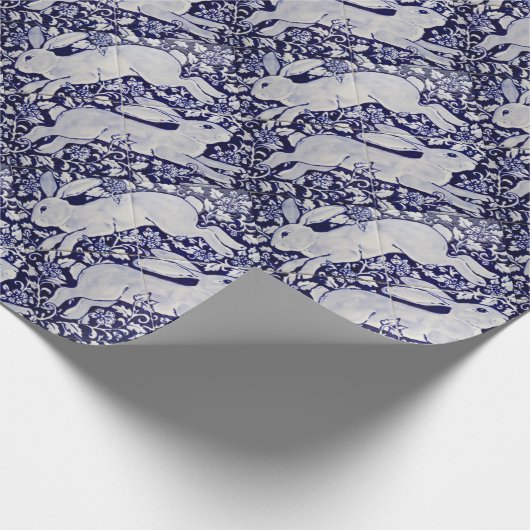 Blauw en wit Konijn Tegel Decor Cobalt Dedham Cadeaupapier (Hoek)