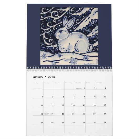 Blauw en wit konijn - Tile Art Calendar Cobalt Nav Kalender (Jan 2026)