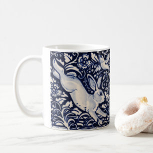Blauw en wit konijn Tile Woodland Flowers Bird Koffiemok
