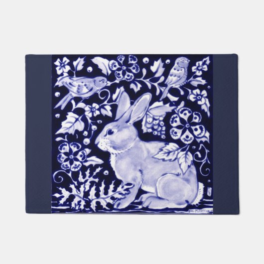 Blauw en wit Konijn Vogel Bloemen Deurmat Welkom (Voorkant)