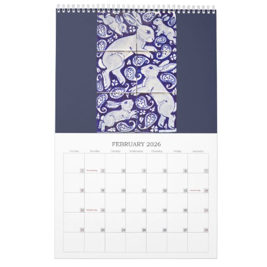 Blauw en wit konijnentegel elk jaar kalender (Feb 2026)