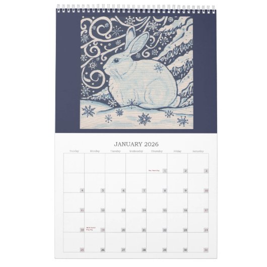 Blauw en wit konijnentegel elk jaar kalender (Jan 2026)