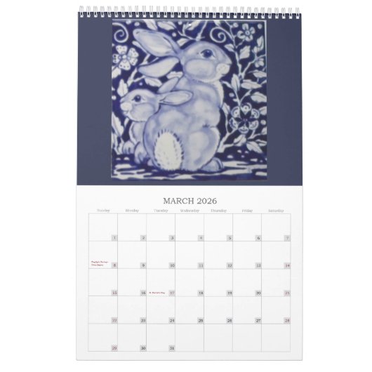 Blauw en wit konijnentegel elk jaar kalender (Mar 2026)