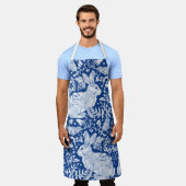 Blauw en wit Konijnenvogels Bloemen Tegel Patroon Schort (Gedragen)