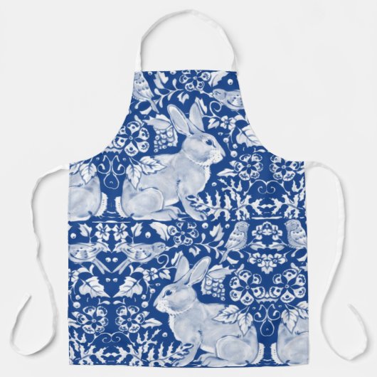 Blauw en wit Konijnenvogels Bloemen Tegel Patroon Schort (Voorkant)
